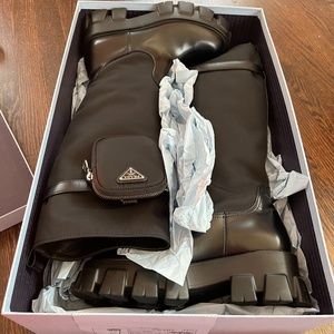 Prada Nylon Leather Zip-Pocket Platform Riding Boots